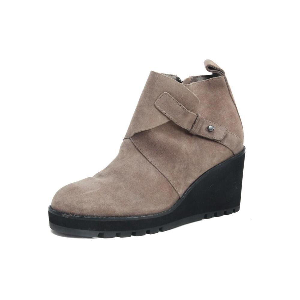 Eileen Fisher Taupe Gray Suede Leather Wedge Ankle Booties Boot Side Zip 9